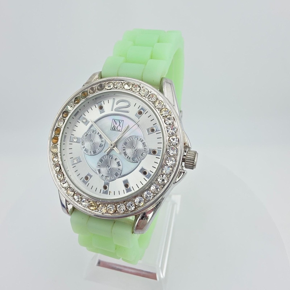 NY&C Jelly Watch Crystal Bezel Faux Sub-Dials Mint Green Silicone Band 8"
